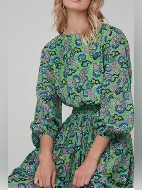 Rhode Green Poppy Print Smocked-Waist Women's Dress